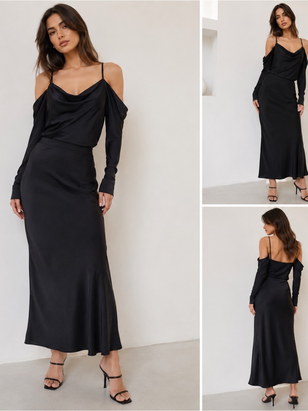 L'AGENCE Black Satin Cowl Cold-Shoulder Blouse